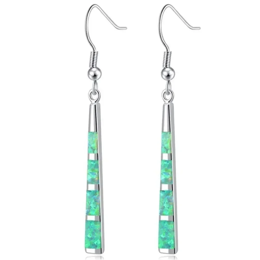 14K White Gold with Genuine Green Fire Opal Dangling Hook Tapered Bar Earrings